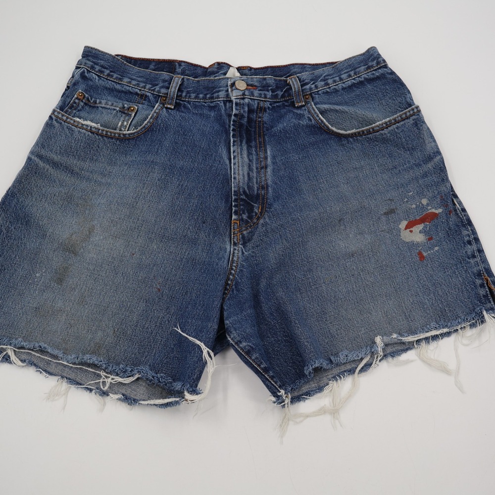 Lucky Brand Dungarees Shorts Mens 38 Blue Cut Off Distressed Paint Splatter USA